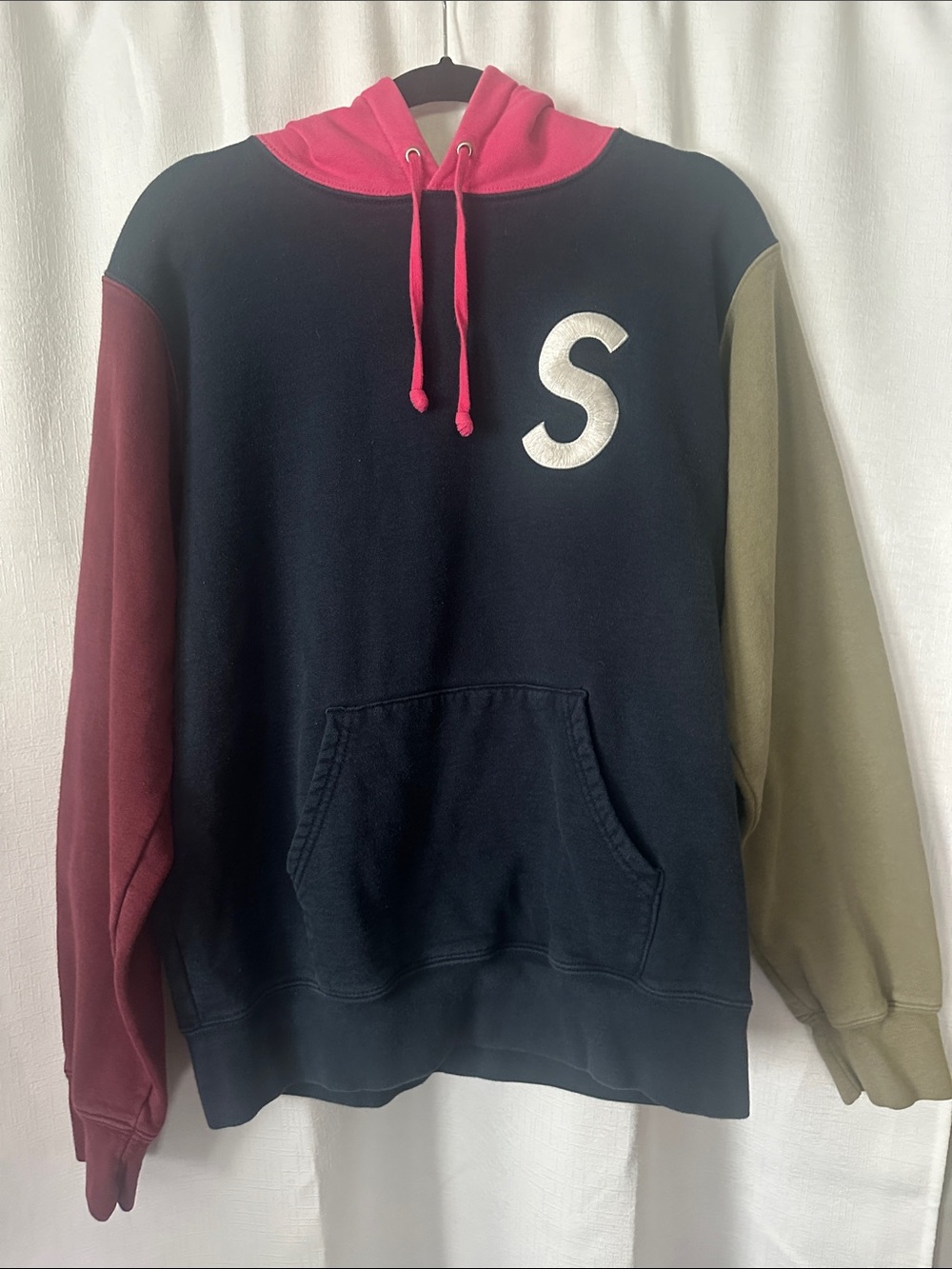 Supreme Color block Hoodie- embroidered S- Navy, Burgundy & Olive